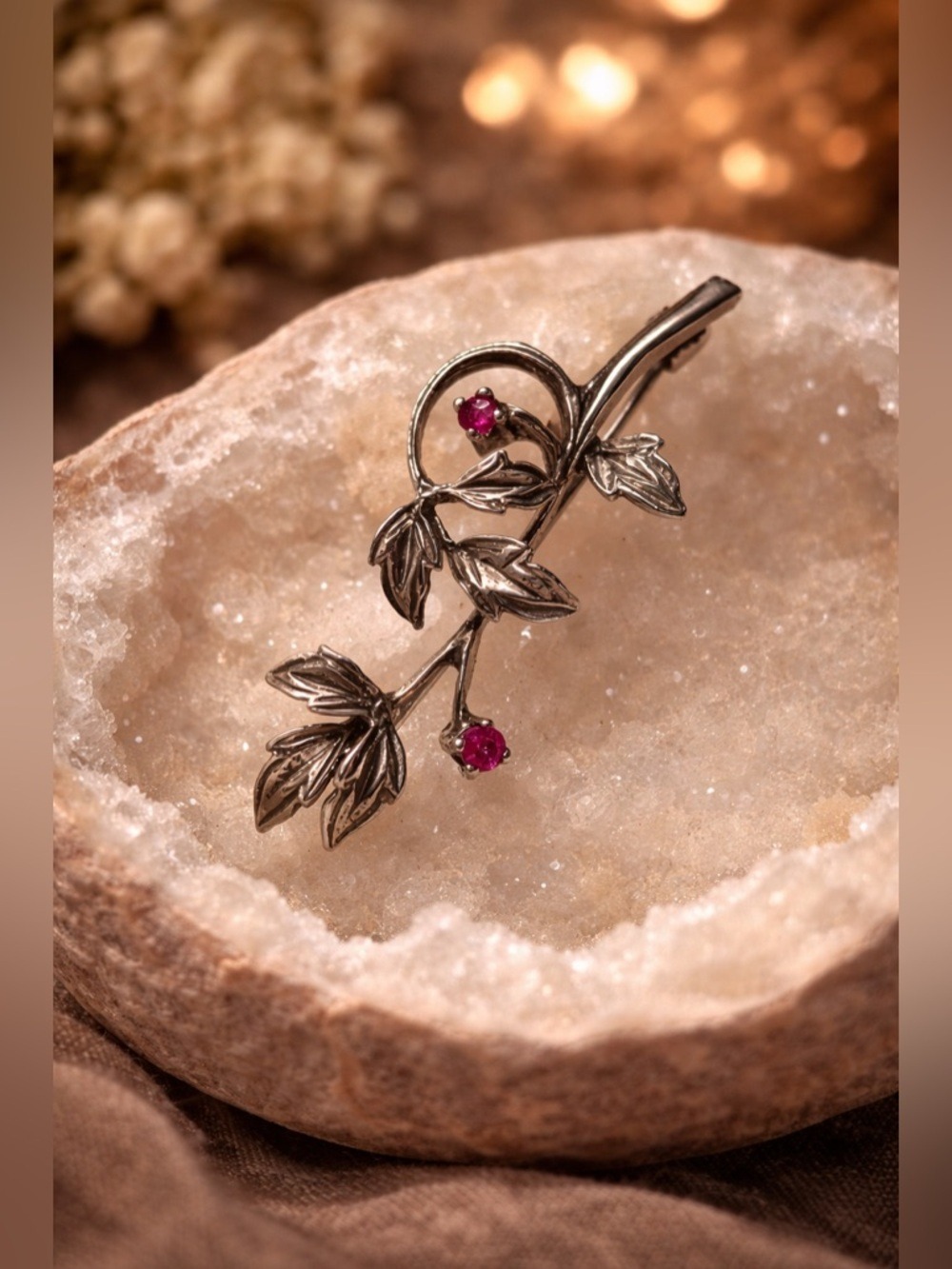 ANTIQUE Sterling Silver Floral Brooch Genuine Pink Rubies Victorian Revival